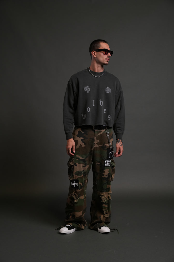 Pyramid Wolves Raw Hem "Box Cut" Crewneck in Wolf Gray