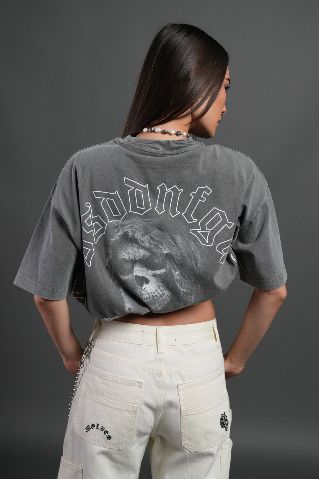 Reaper Tour Grunge Mid Length Raw Hem Tee in Slate Gray