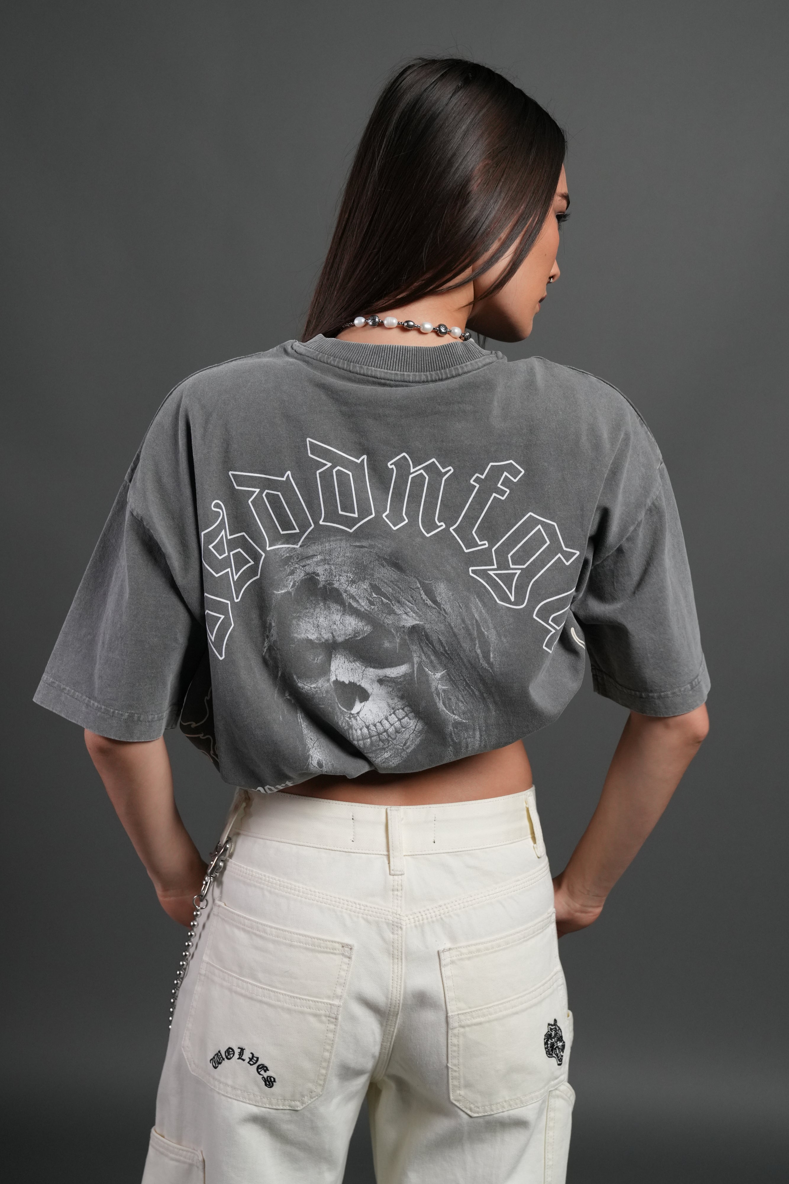 Reaper Tour Grunge Mid Length Raw Hem Tee in Slate Gray