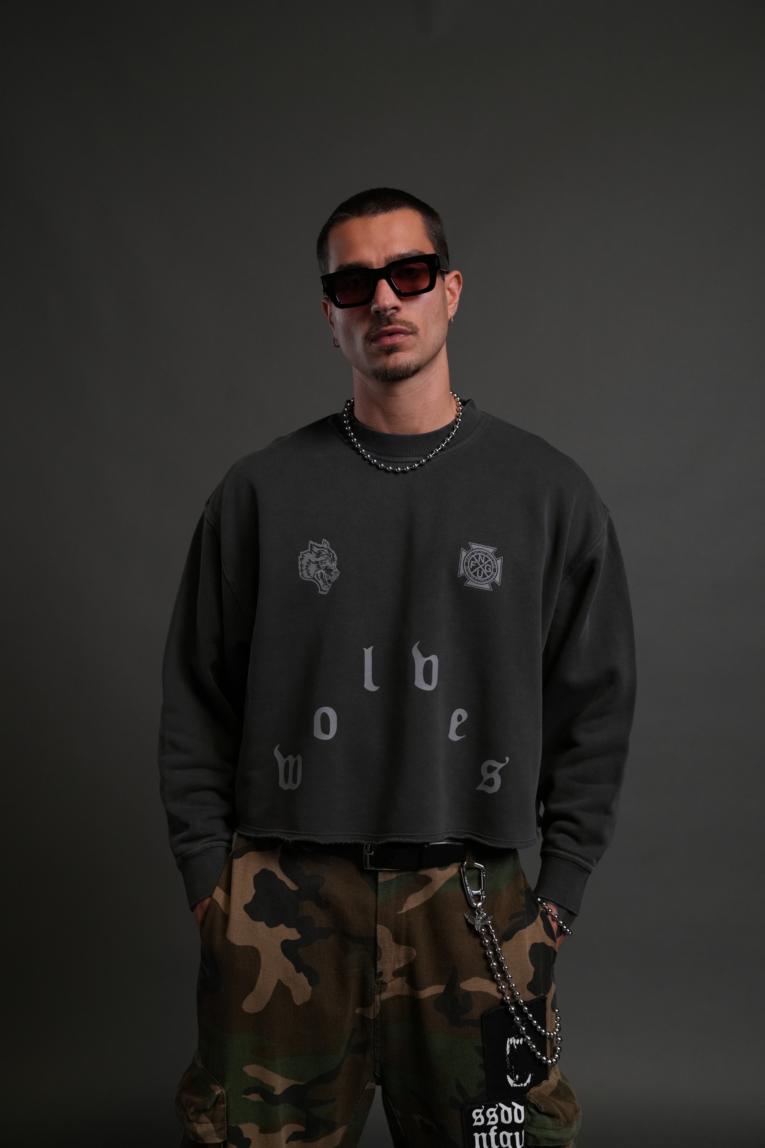 Pyramid Wolves Raw Hem "Box Cut" Crewneck in Wolf Gray