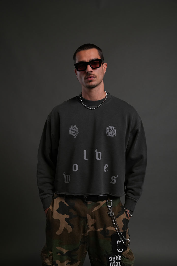 Pyramid Wolves Raw Hem "Box Cut" Crewneck in Wolf Gray