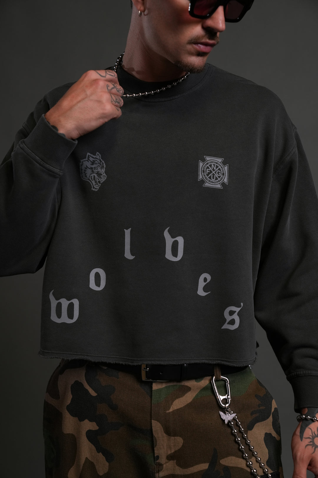 Pyramid Wolves Raw Hem "Box Cut" Crewneck in Wolf Gray