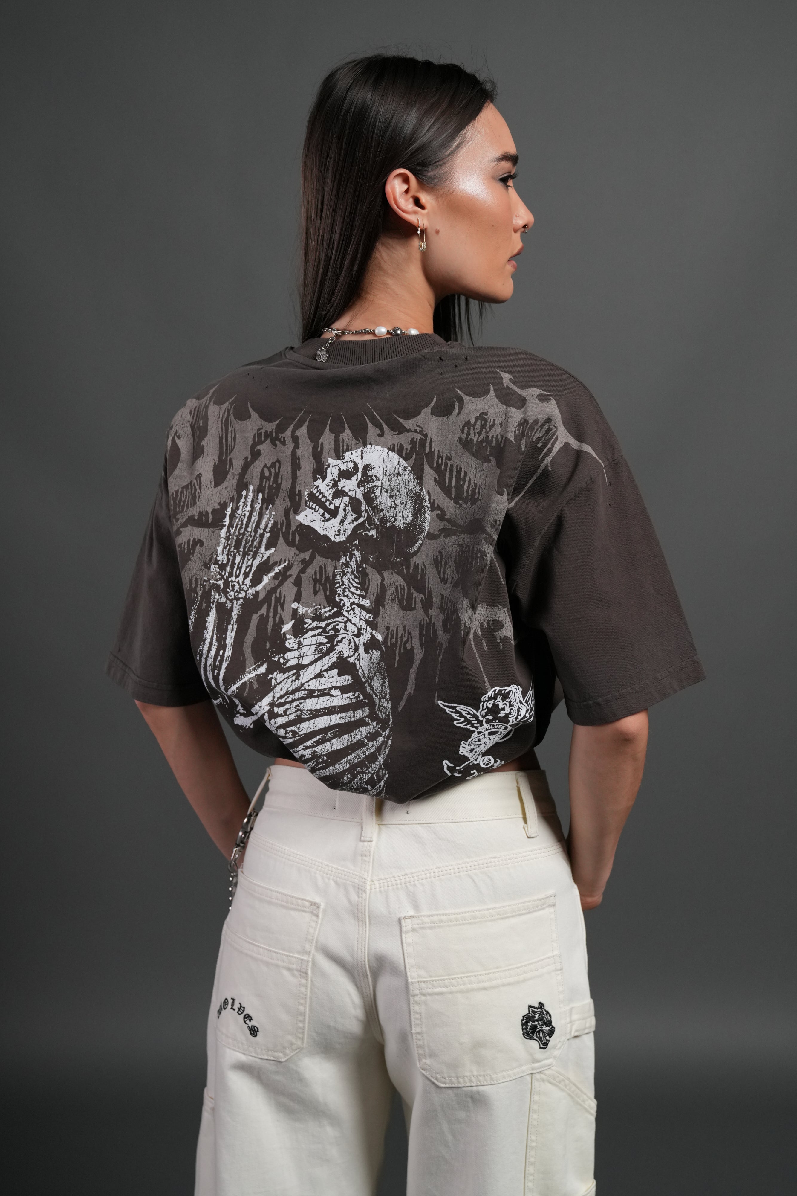 No Weapon Hesh Distressed Grunge Mid Length Raw Hem Tee in Darc