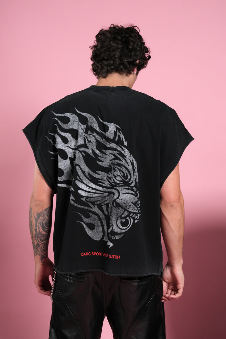 Von Darc Grunge Cut-Off Mid-Length Raw Hem Tee in Black