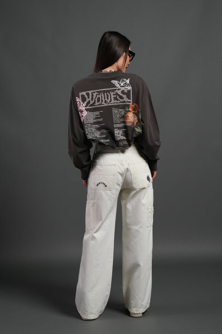 Wolves Valor Grunge Mid Length Raw Hem Ls Tee in Darc Brown Drift Wash
