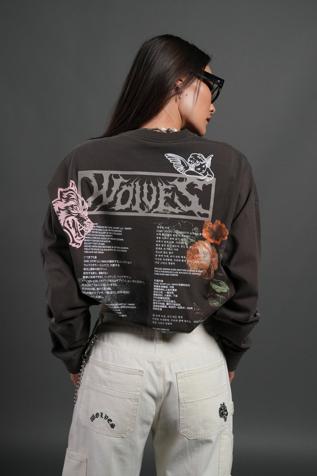 Wolves Valor Grunge Mid Length Raw Hem Ls Tee in Darc Brown Drift Wash