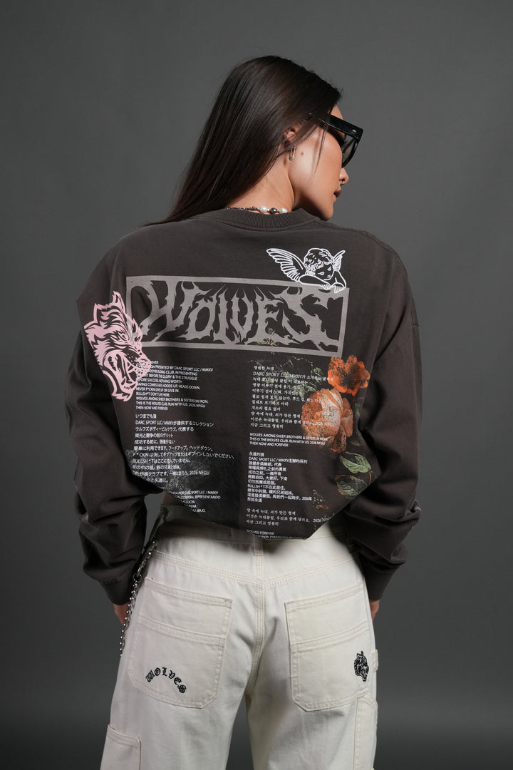 Wolves Valor Grunge Mid Length Raw Hem Ls Tee in Darc Brown Drift Wash