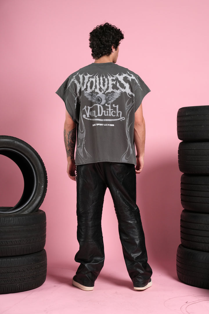 Take-Off Grunge Cut-Off Mid-Length Raw Hem Tee in Wolf Gray