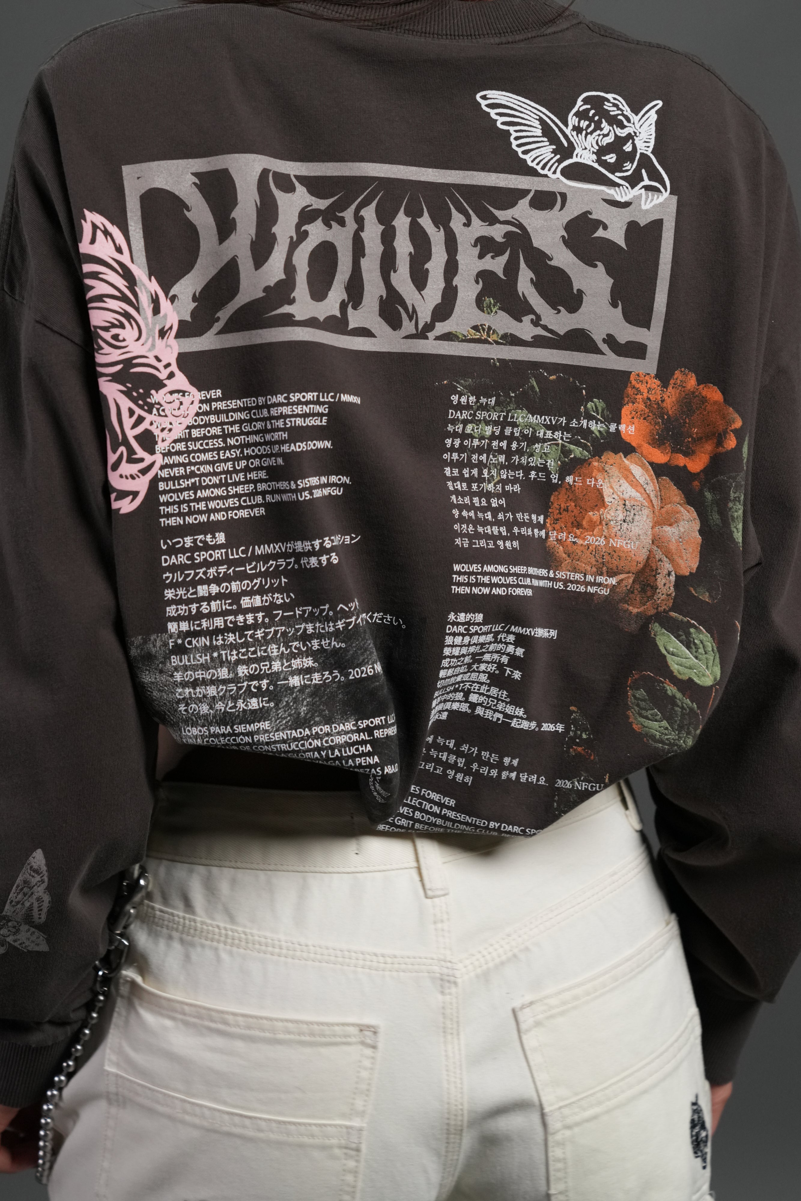Wolves Valor Grunge Mid Length Raw Hem Ls Tee in Darc Brown Drift Wash