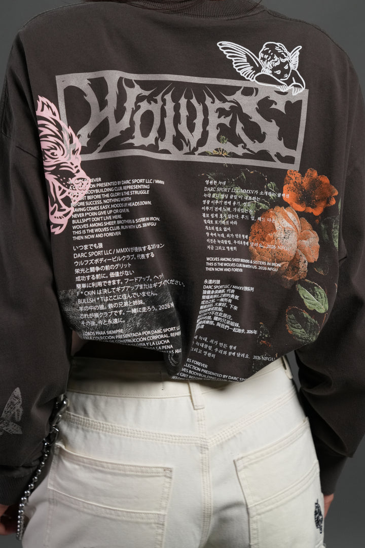 Wolves Valor Grunge Mid Length Raw Hem Ls Tee in Darc Brown Drift Wash
