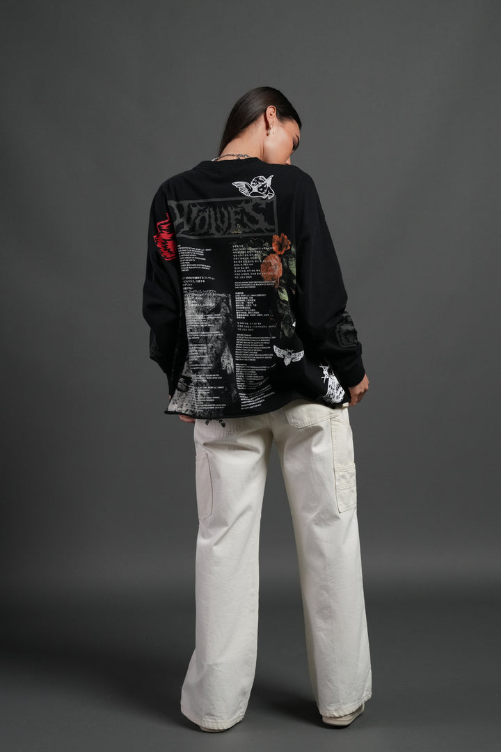 Wolves Valor Grunge Mid Length Raw Hem Ls Tee in Black