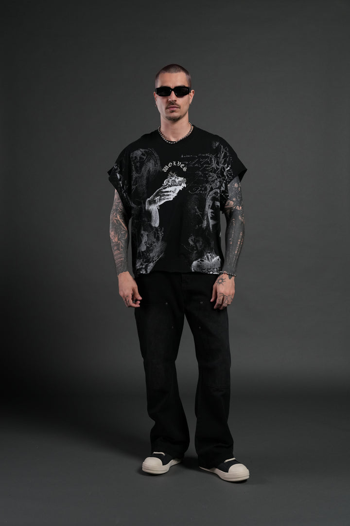 Heart of Thorns Distressed Grunge Cut-Off Mid-Length Raw Hem Tee in Black