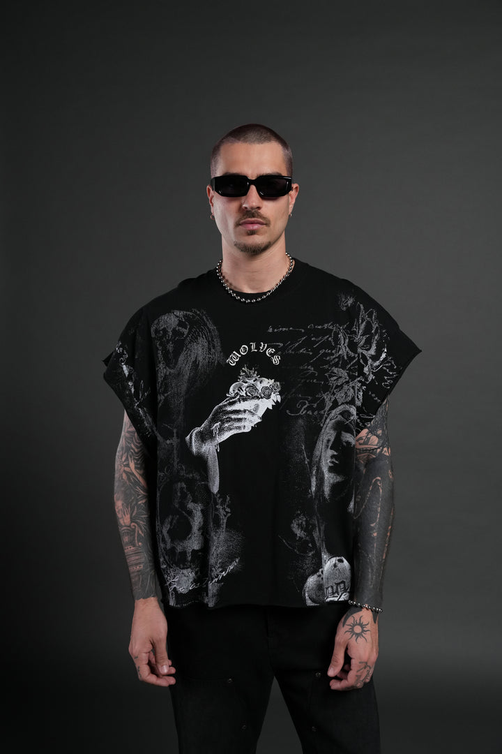 Heart of Thorns Distressed Grunge Cut-Off Mid-Length Raw Hem Tee in Black