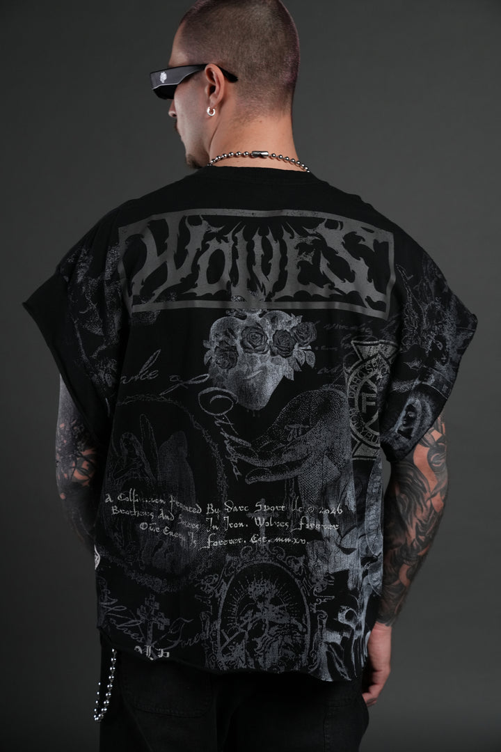 Heart of Thorns Distressed Grunge Cut-Off Mid-Length Raw Hem Tee in Black