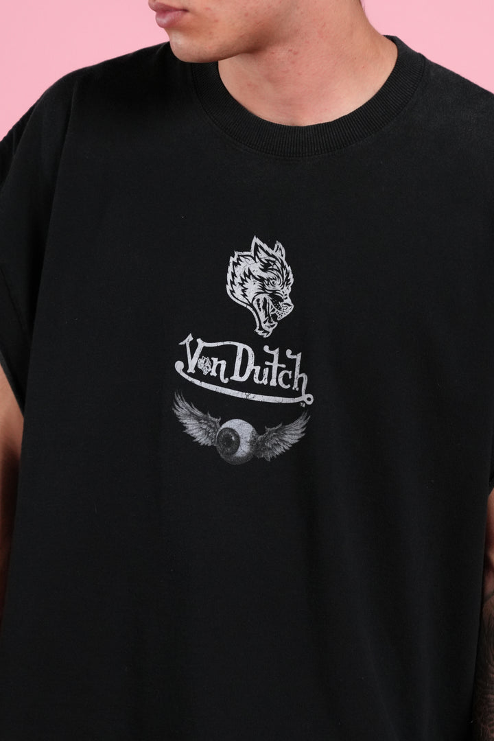Take-Off Grunge Cut-Off Mid-Length Raw Hem Tee in Black