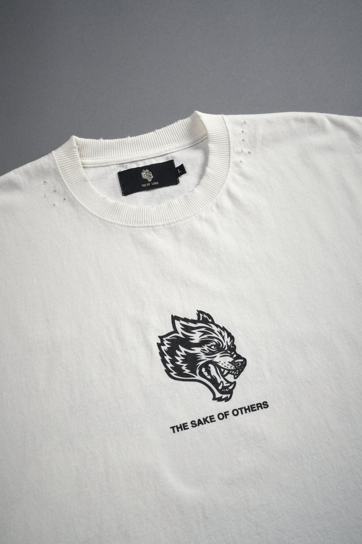 Holy Vow Distressed Grunge Cut-Off Mid-Length Raw Hem Tee in Cream