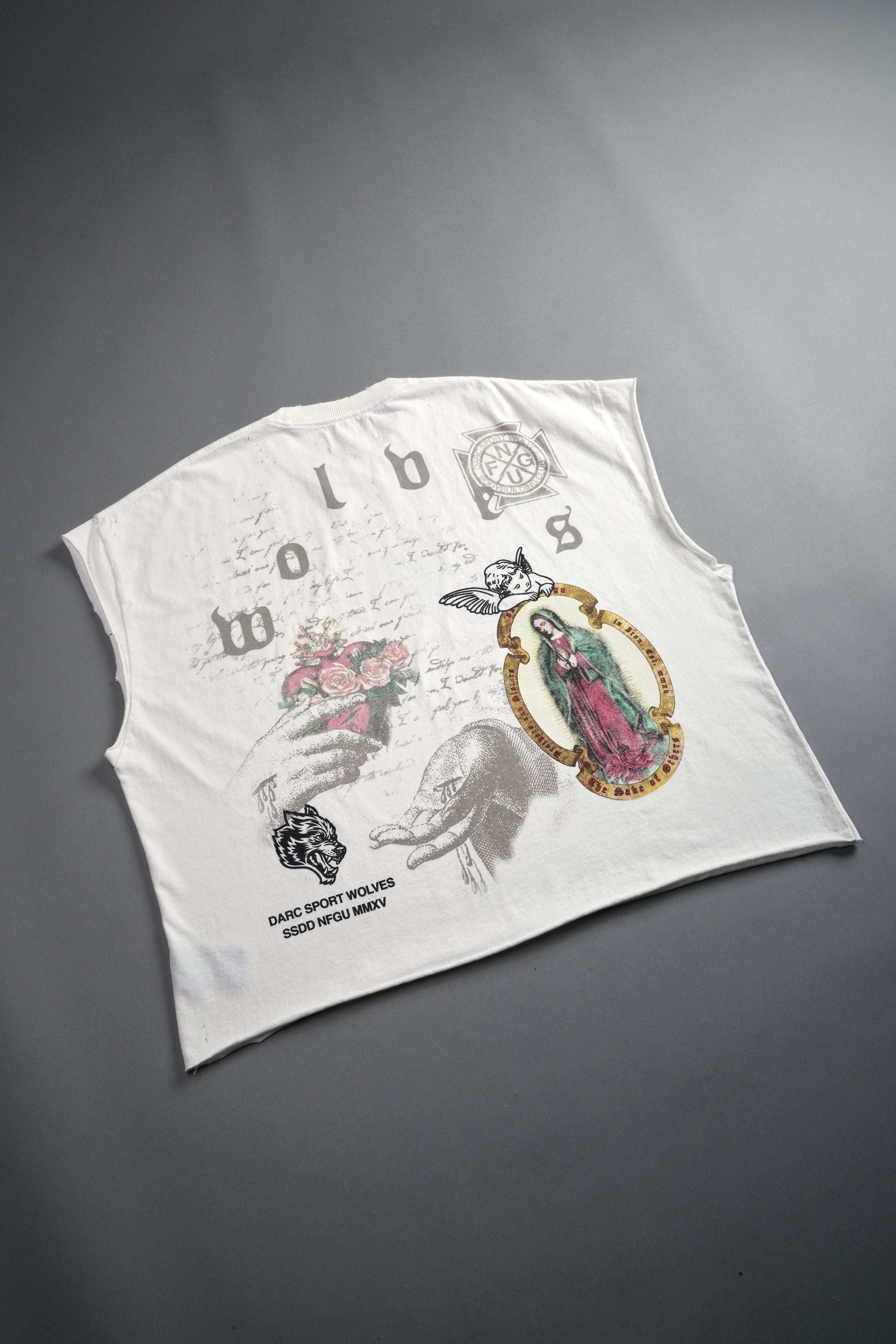 Holy Vow Distressed Grunge Cut-Off Mid-Length Raw Hem Tee in Cream