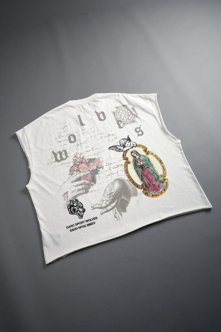 Holy Vow Distressed Grunge Cut-Off Mid-Length Raw Hem Tee in Cream