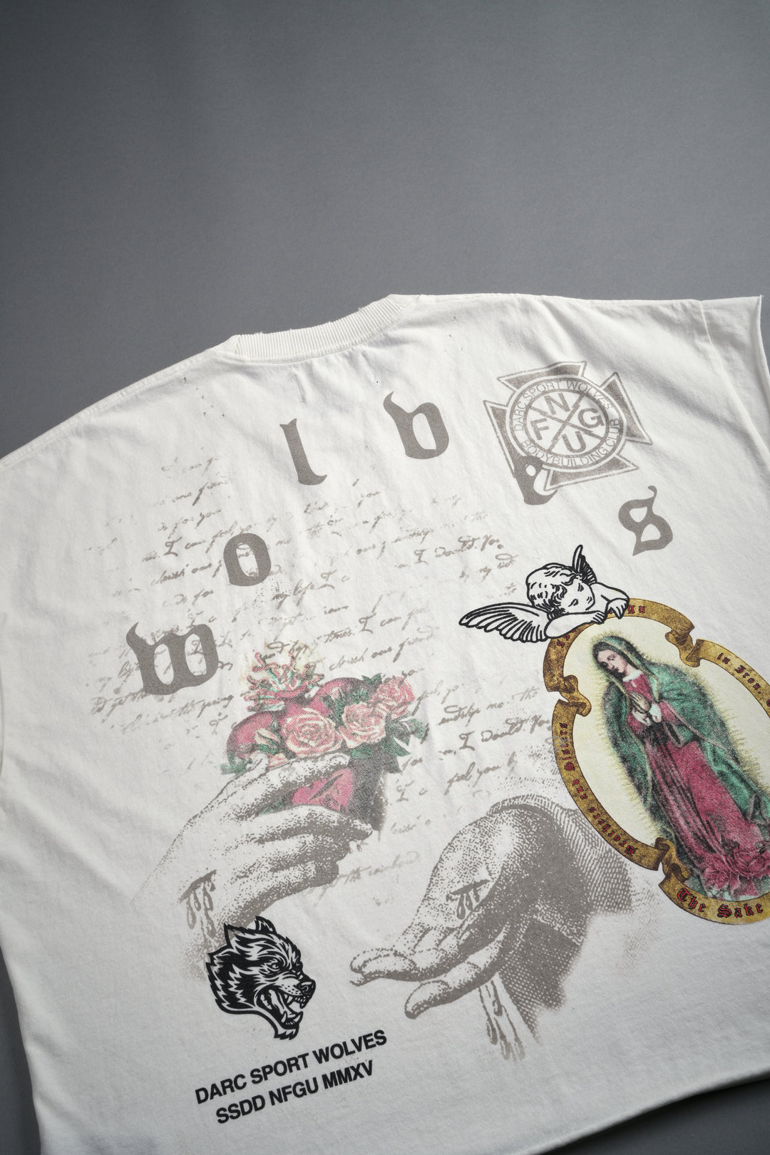 Holy Vow Distressed Grunge Cut-Off Mid-Length Raw Hem Tee in Cream