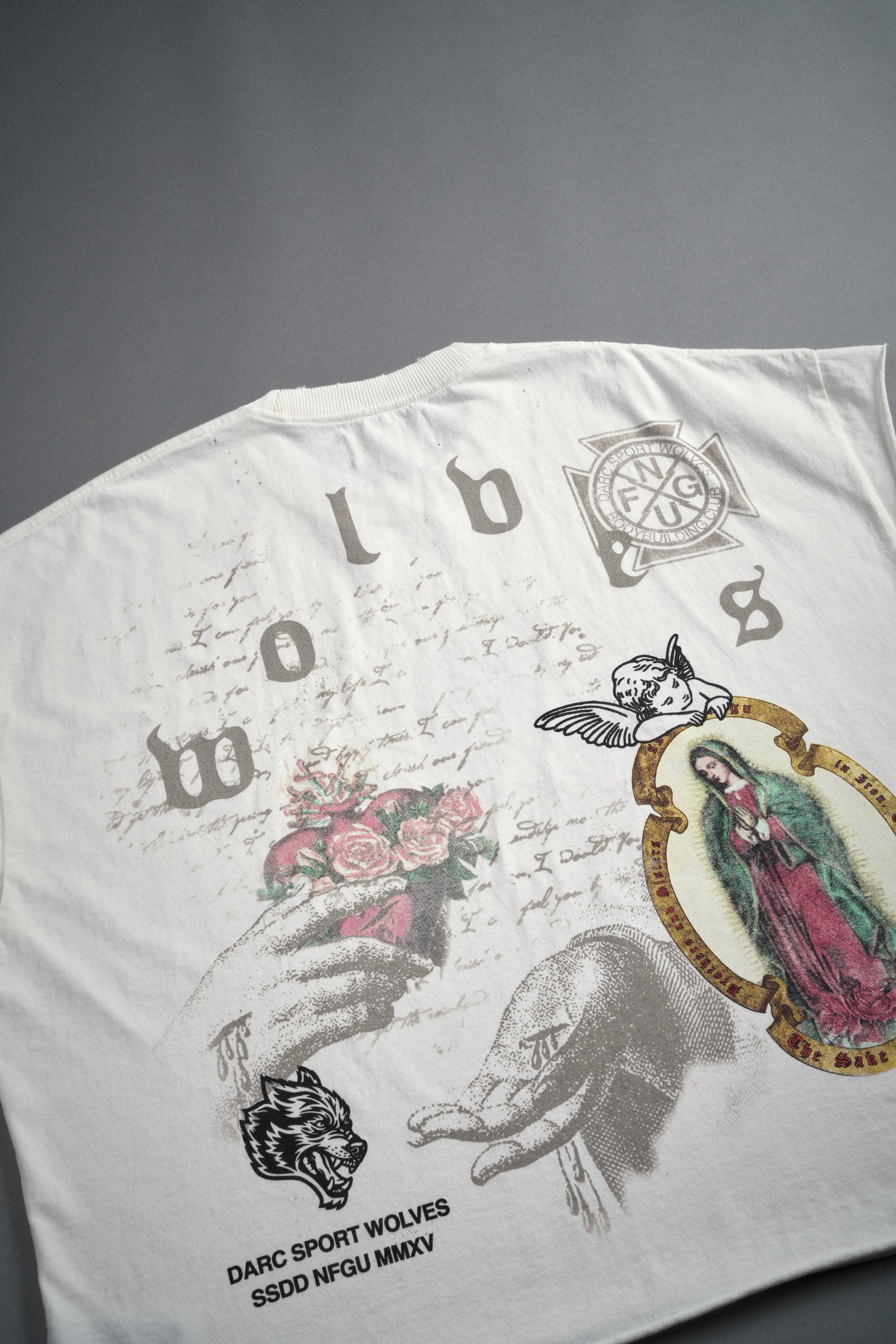 Holy Vow Distressed Grunge Cut-Off Mid-Length Raw Hem Tee in Cream