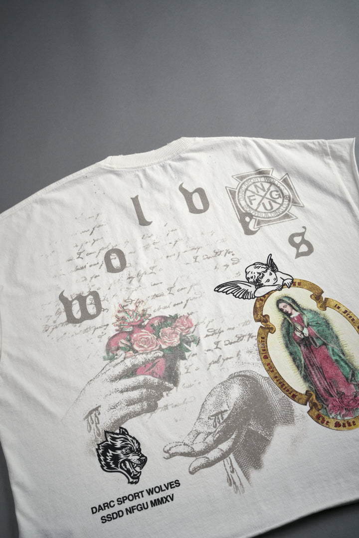 Holy Vow Distressed Grunge Cut-Off Mid-Length Raw Hem Tee in Cream