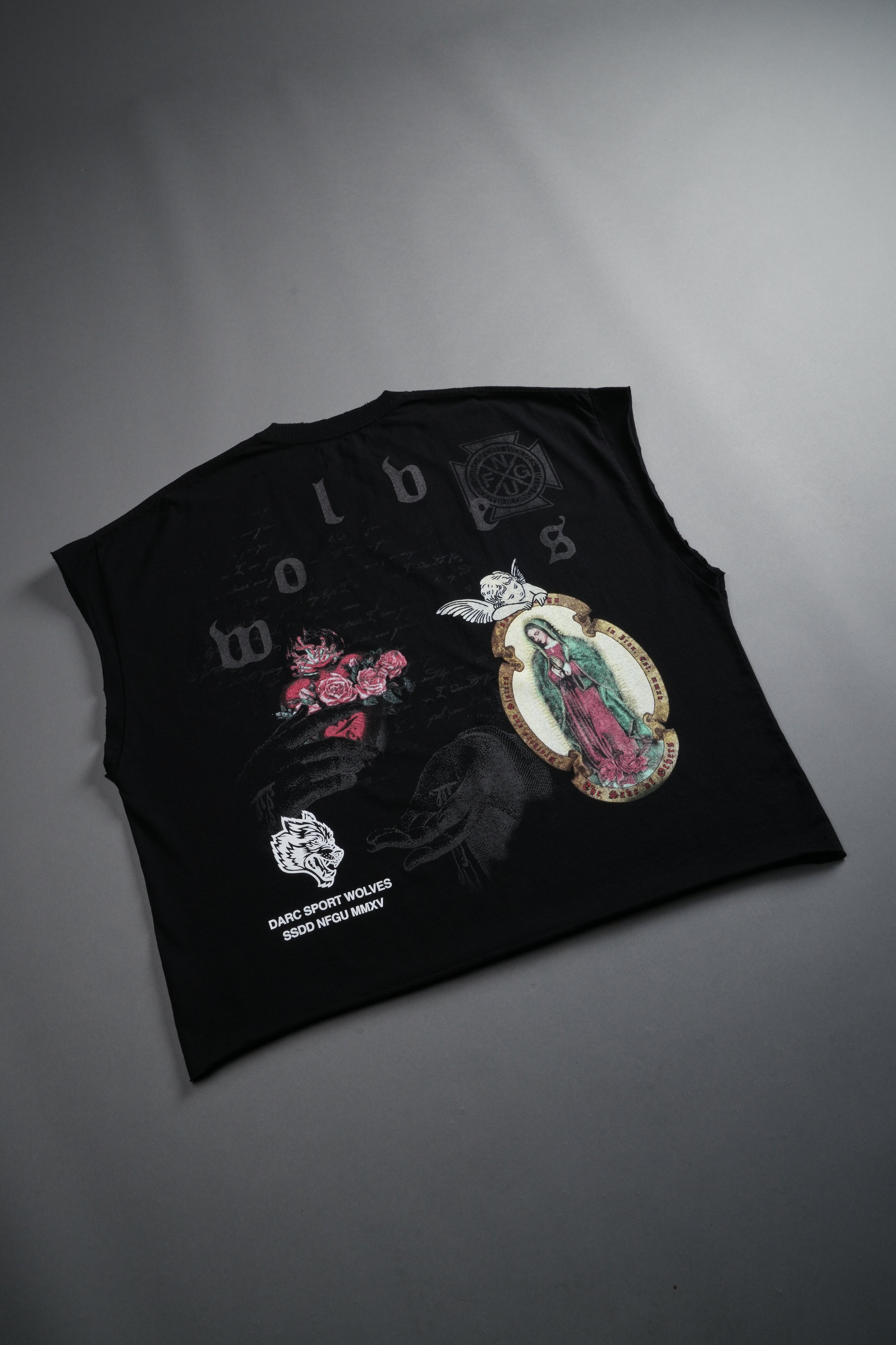 Holy Vow Distressed Grunge Cut-Off Mid-Length Raw Hem Tee in Black