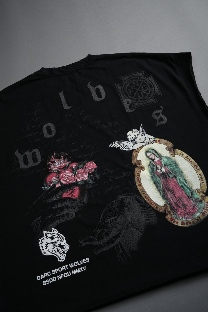 Holy Vow Distressed Grunge Cut-Off Mid-Length Raw Hem Tee in Black