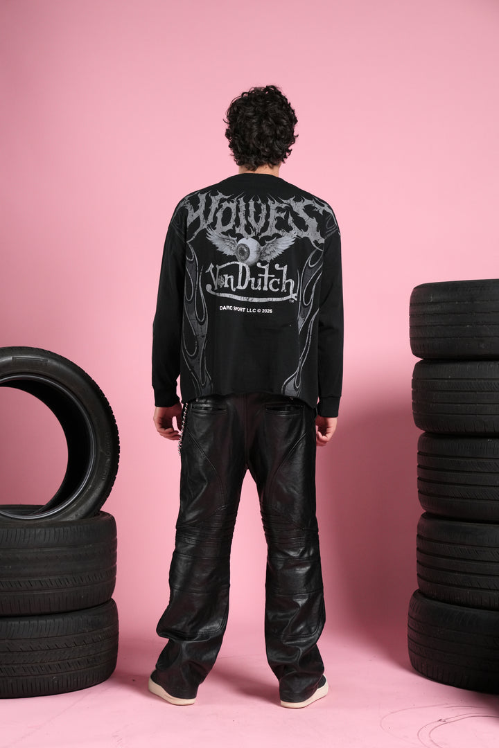 Take-Off Grunge Mid-Length Raw Hem LS Tee in Black