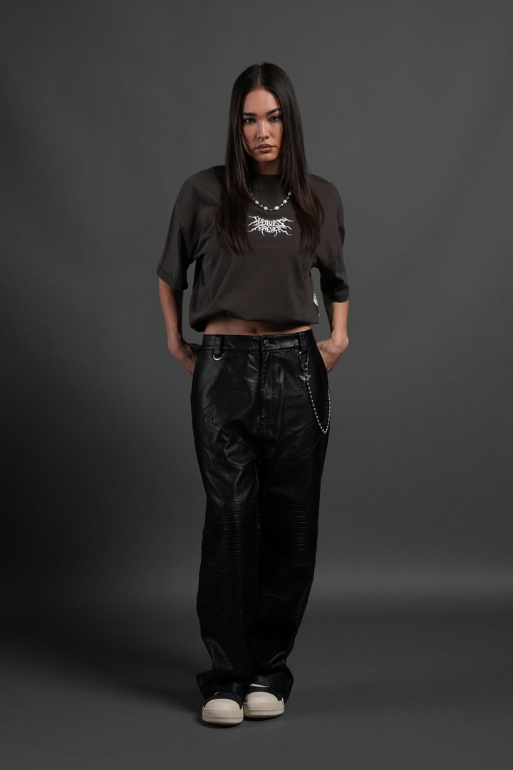 Work In Silence NFGU Grunge Mid Length Raw Hem Tee in Darc Brown Drift Wash