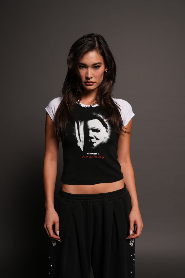 Night Blade Lina Raglan Baby Tee In Black/White