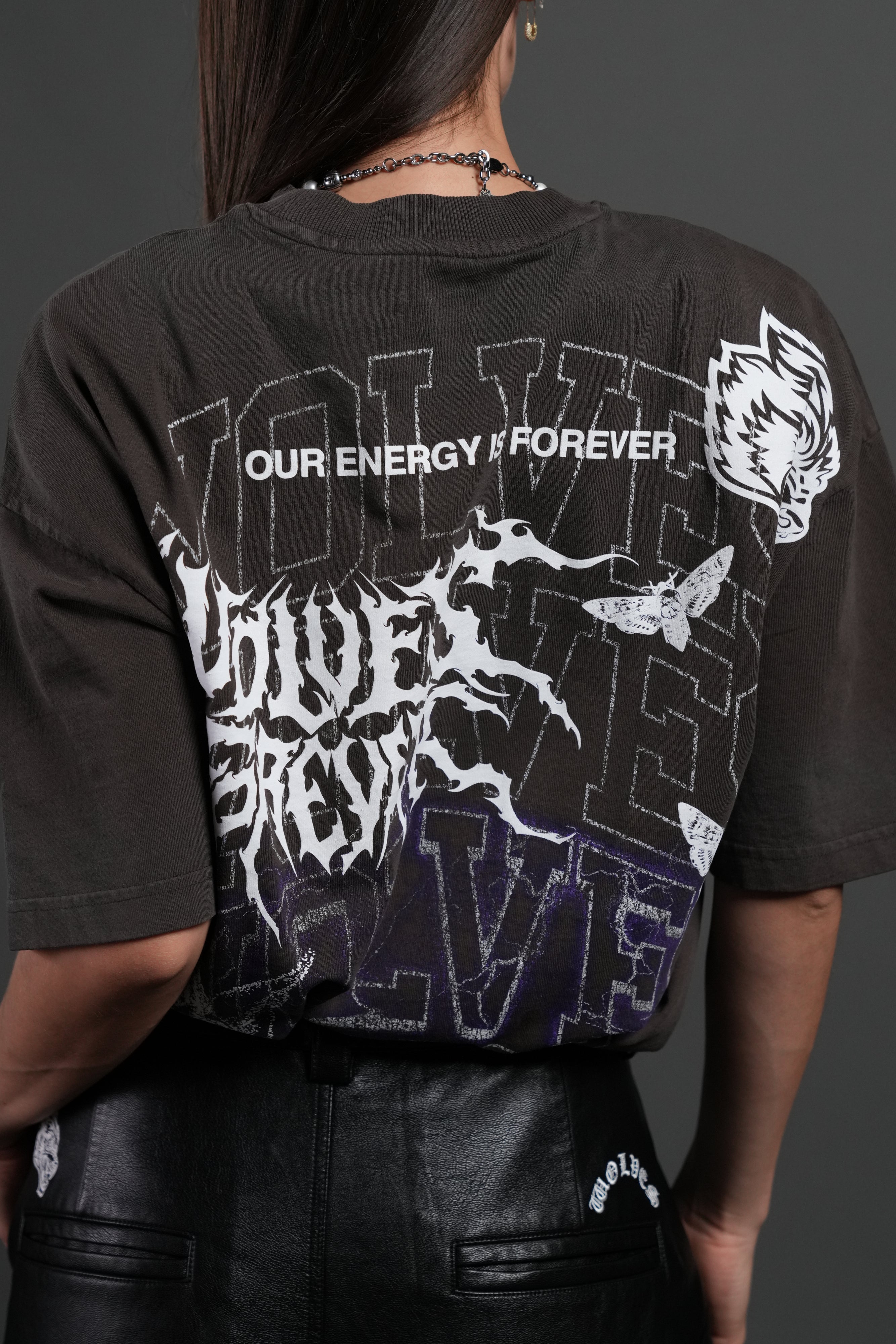 Work In Silence NFGU Grunge Mid Length Raw Hem Tee in Darc Brown Drift Wash