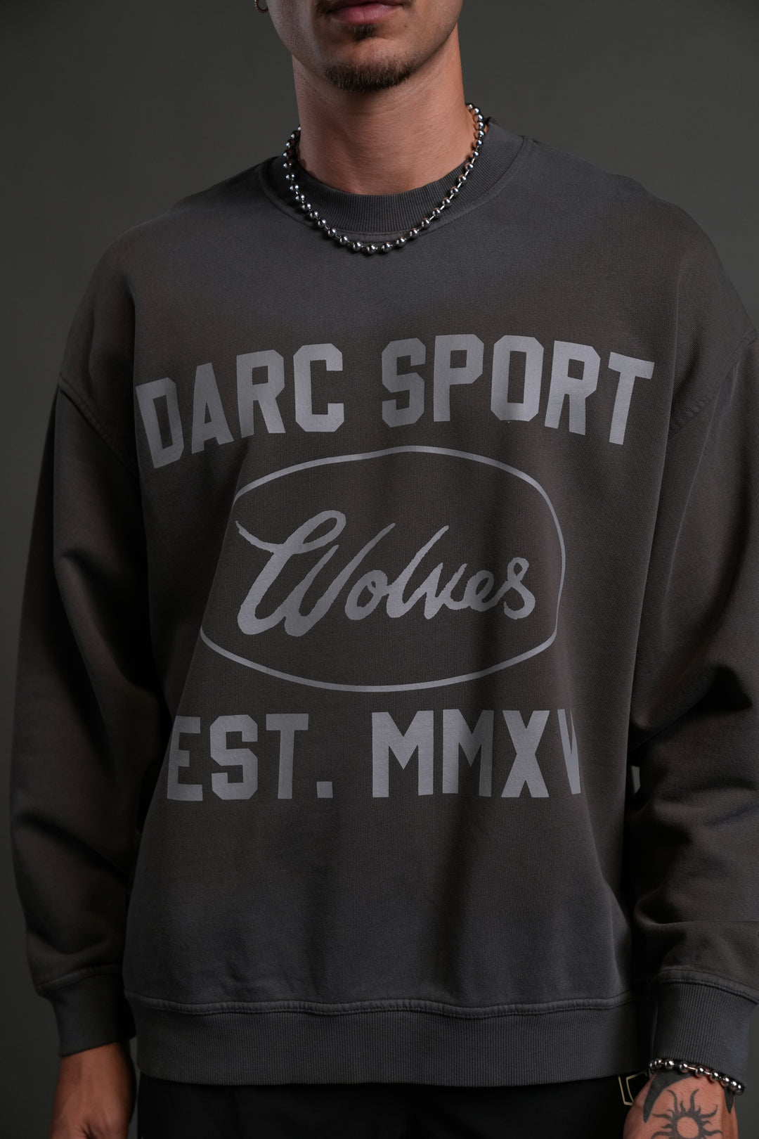Darc Sport MMXV Grunge Oversized London Unisex Crewneck in Wolf Gray Drift Wash