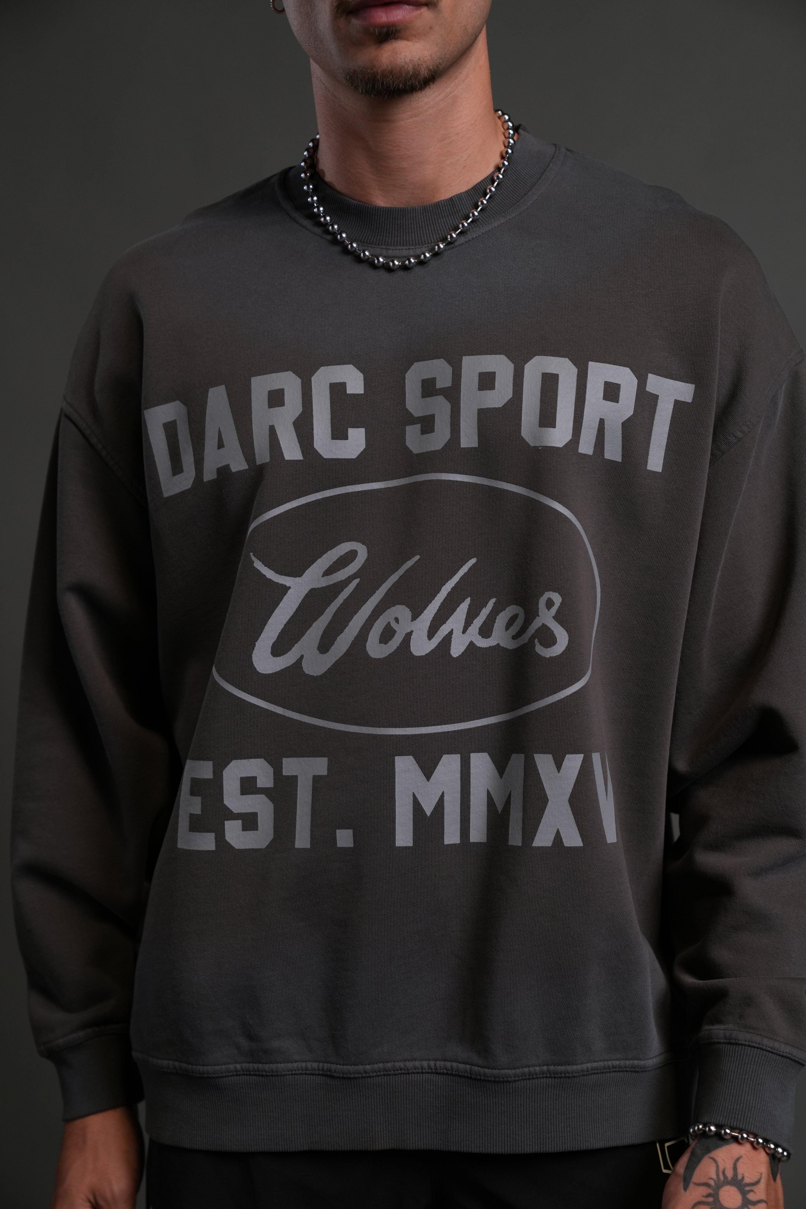 Darc Sport MMXV Grunge Oversized London Unisex Crewneck in Wolf Gray Drift Wash