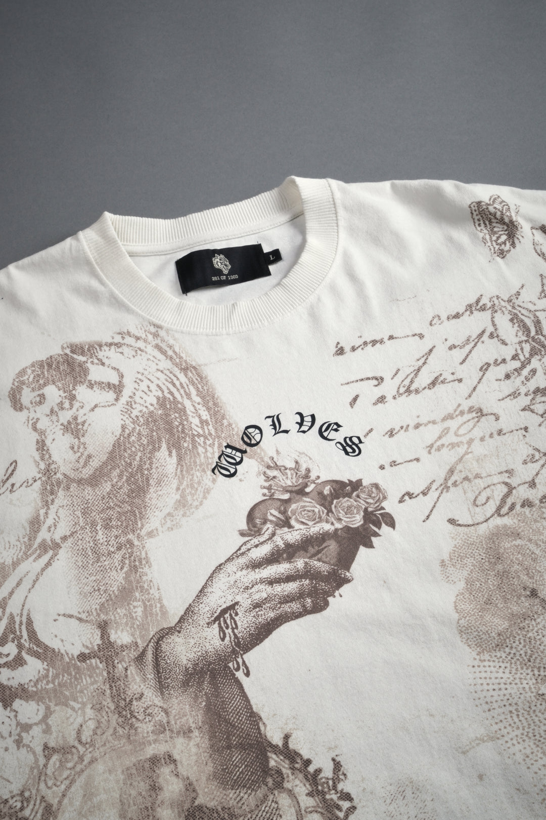 Heart of Thorns Distressed Grunge Cut-Off Mid-Length Raw Hem Tee in Cream