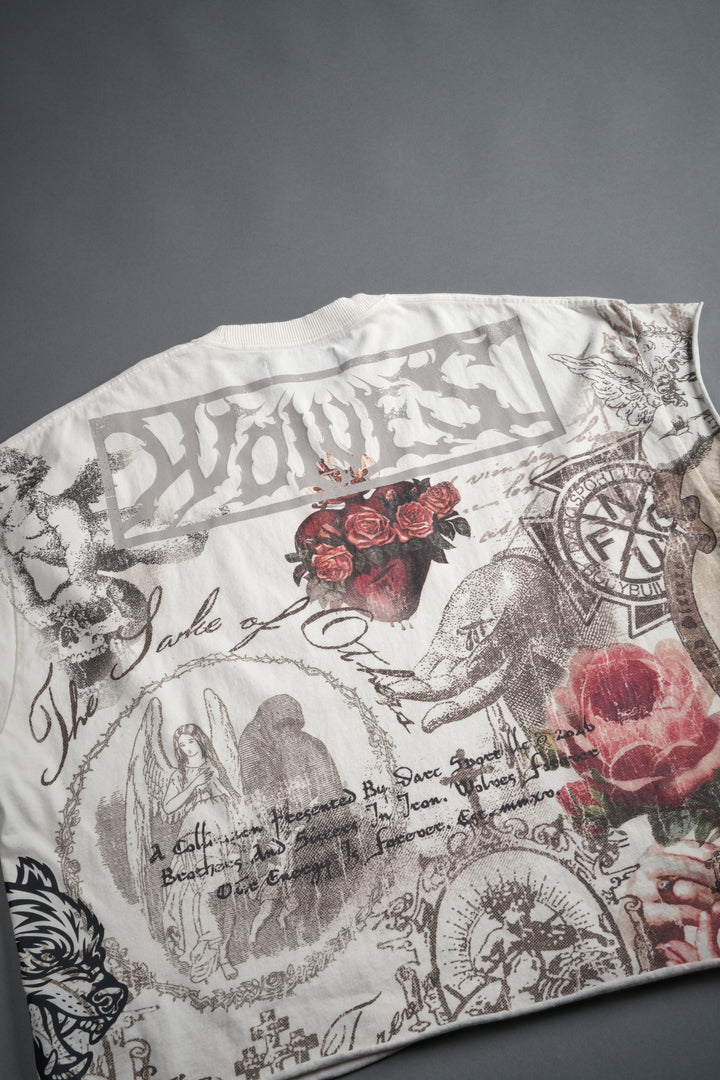 Heart of Thorns Distressed Grunge Cut-Off Mid-Length Raw Hem Tee in Cream