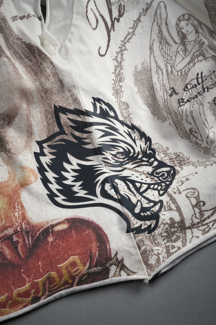 Heart of Thorns Distressed Grunge Cut-Off Mid-Length Raw Hem Tee in Cream