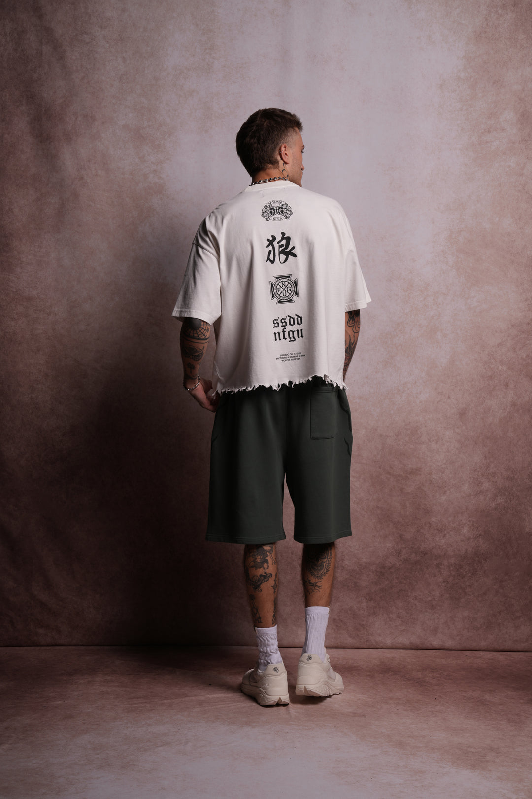 Wolves Flame Destroyed Grunge "Box Cut" Tee in Cream