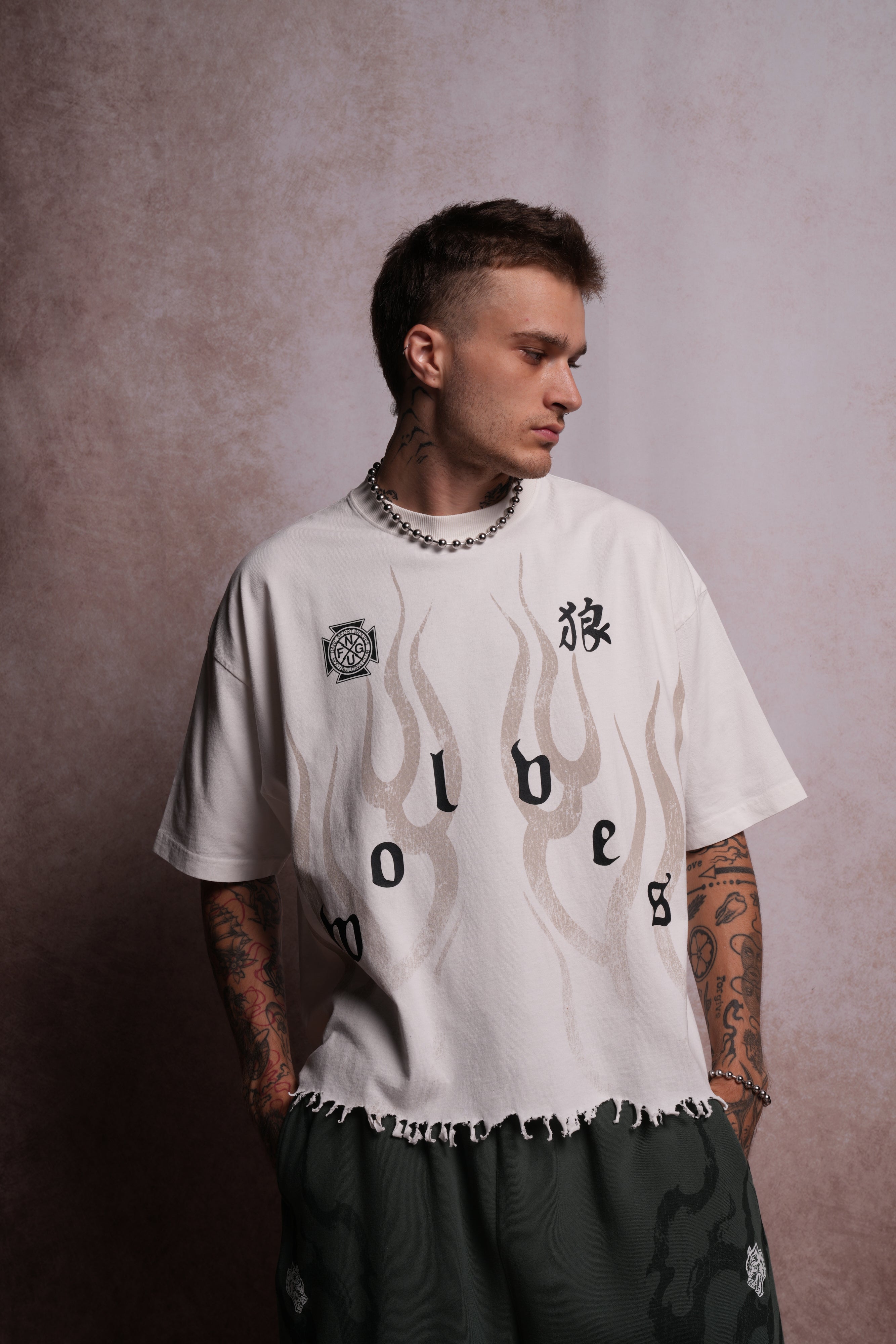Wolves Flame Destroyed Grunge "Box Cut" Tee in Cream