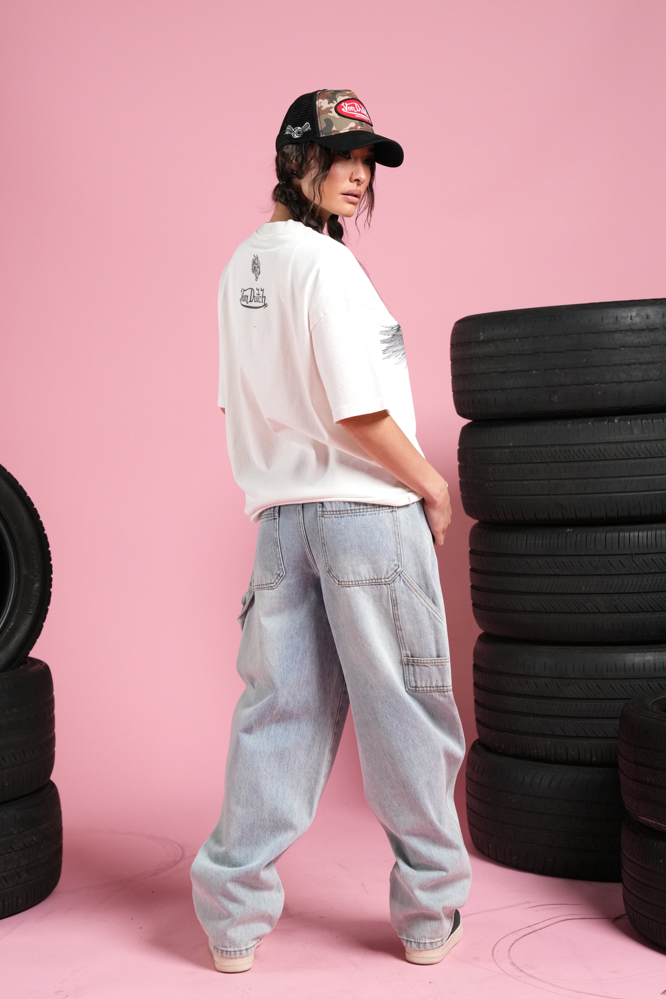 Flight Club V2 Grunge Mid Length Raw Hem Tee in Cream