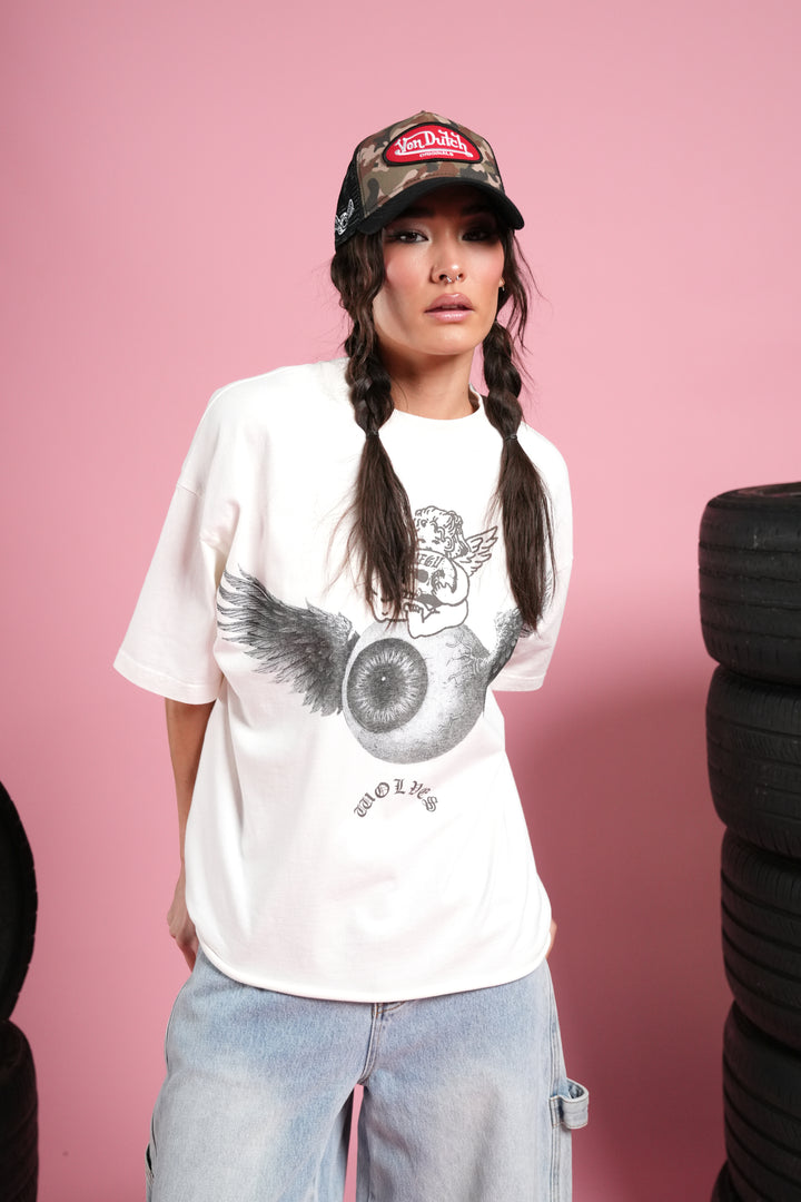 Flight Club V2 Grunge Mid Length Raw Hem Tee in Cream