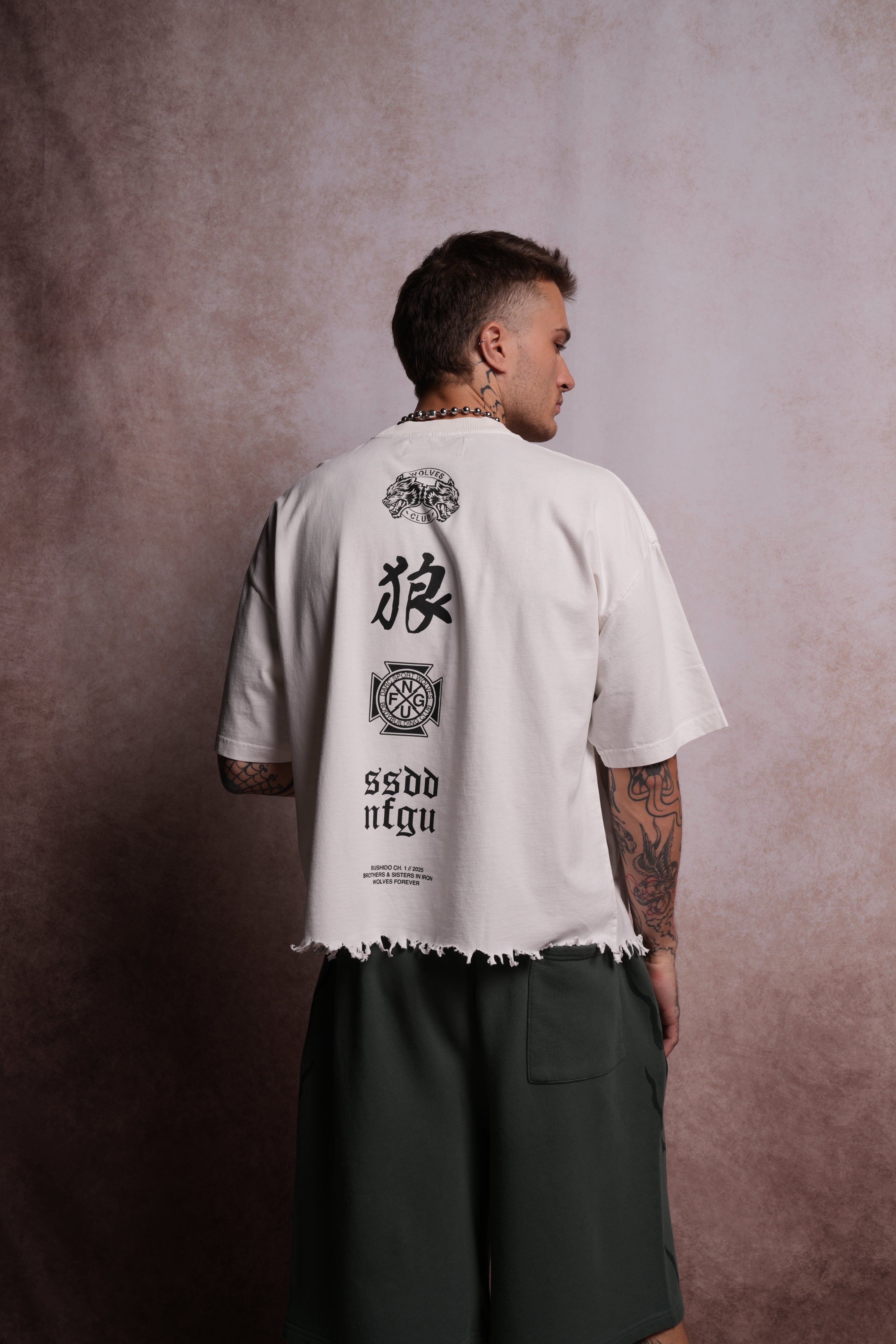 Wolves Flame Destroyed Grunge "Box Cut" Tee in Cream