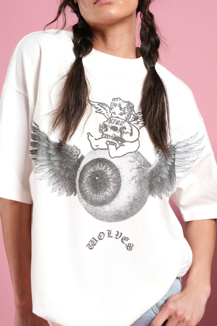 Flight Club V2 Grunge Mid Length Raw Hem Tee in Cream