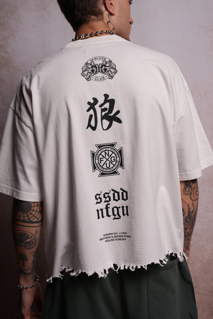 Wolves Flame Destroyed Grunge "Box Cut" Tee in Cream