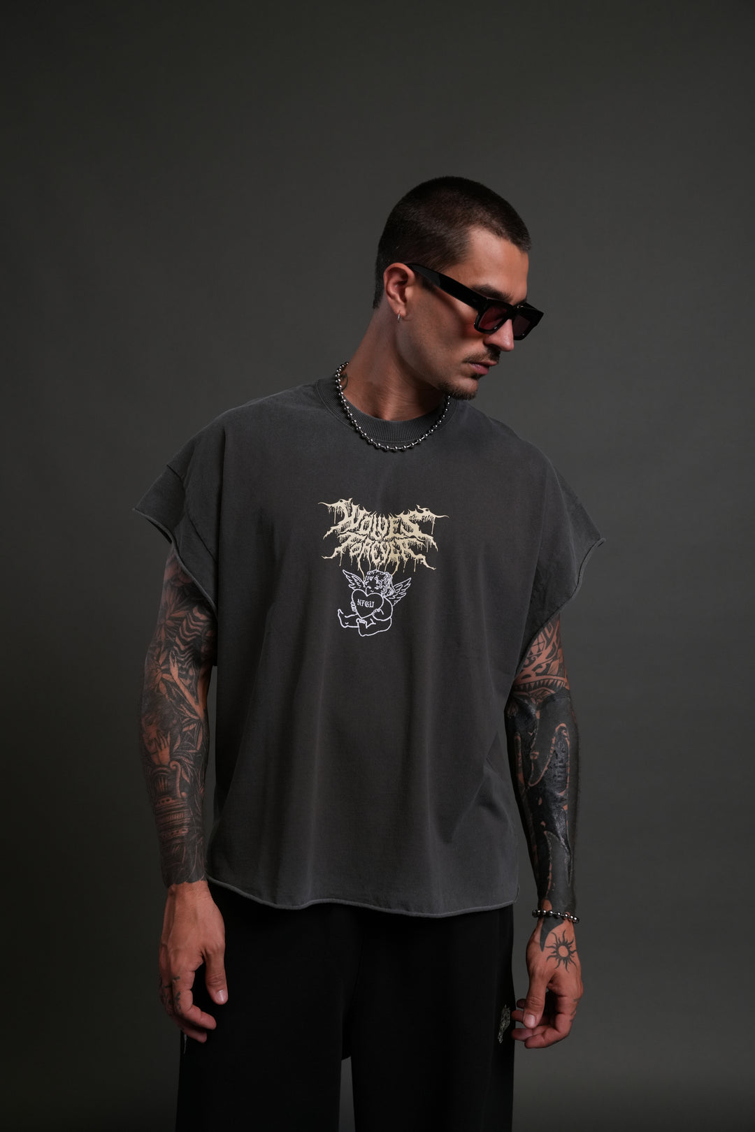 Cherub Core Grunge Cut-Off Tee in Wolf Gray