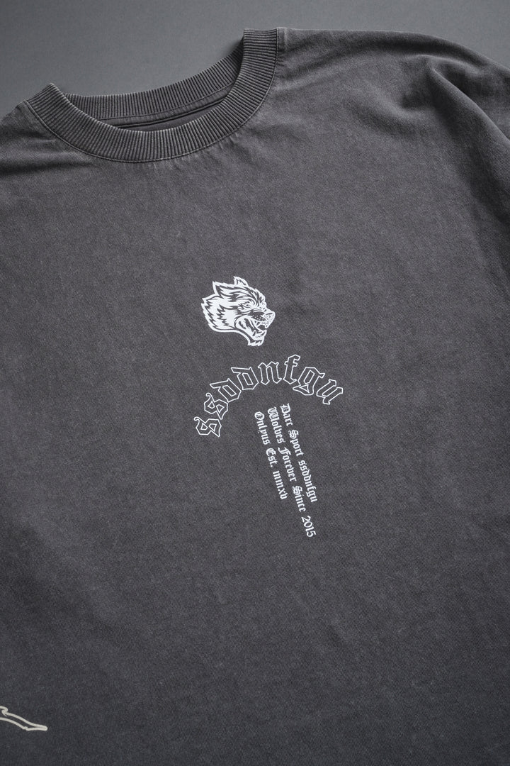 Reaper Tour Grunge Mid Length Raw Hem Tee in Slate Gray