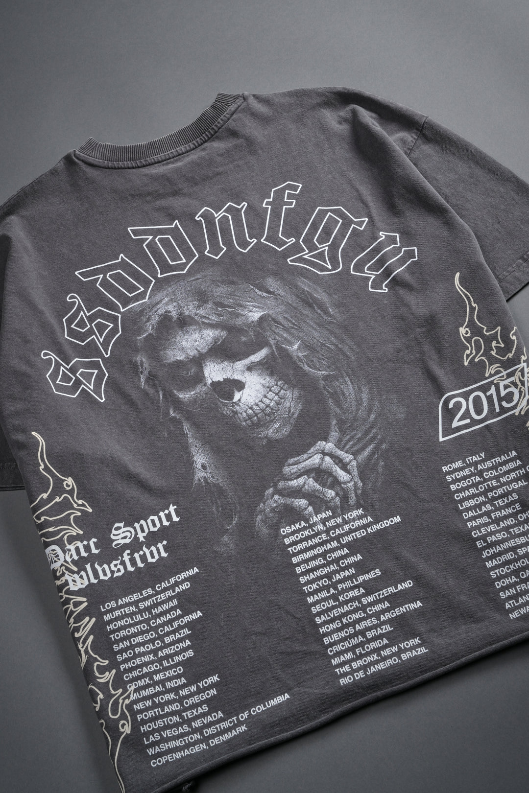 Reaper Tour Grunge Mid Length Raw Hem Tee in Slate Gray