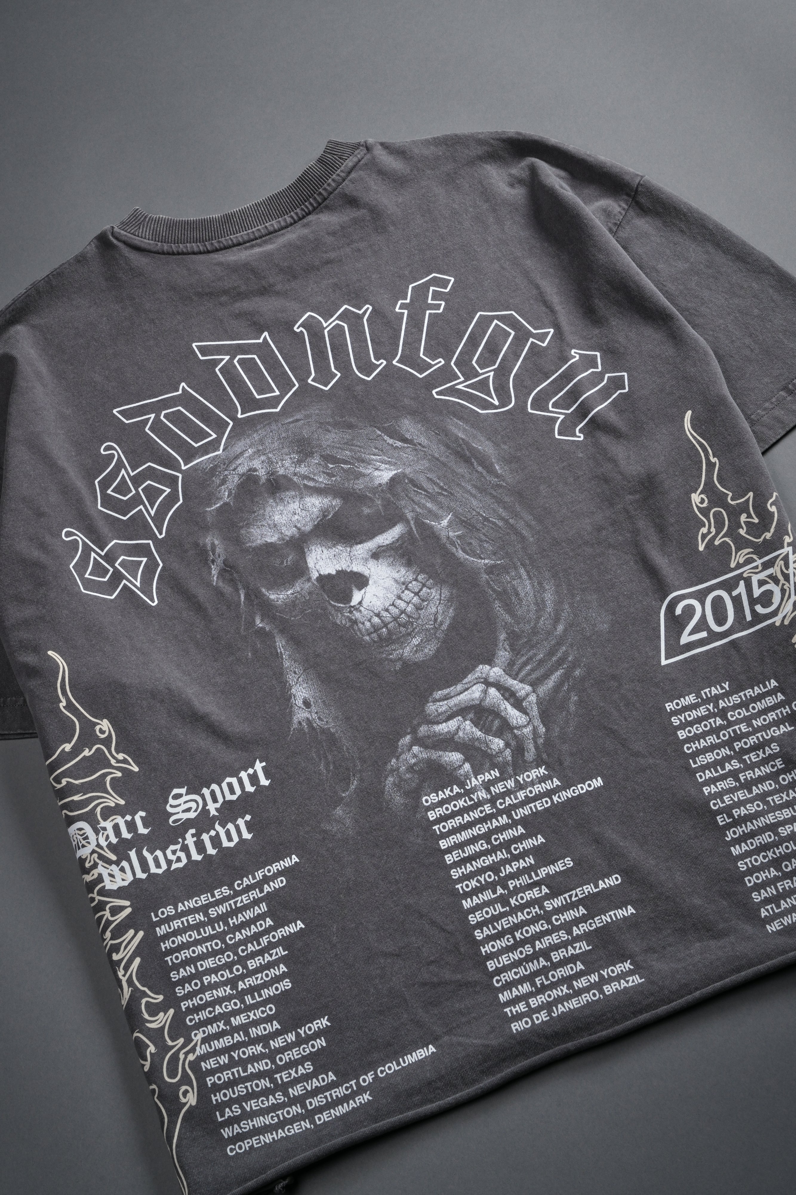 Reaper Tour Grunge Mid Length Raw Hem Tee in Slate Gray