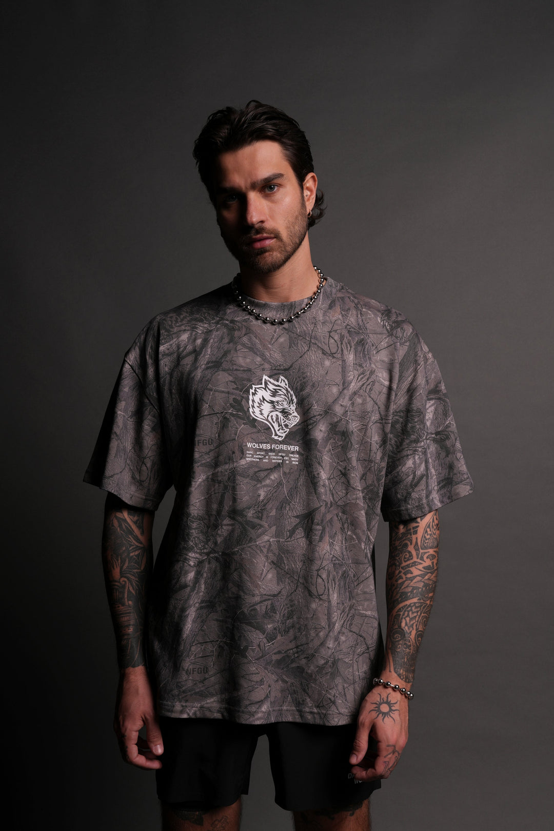 Wolves Have Your Back "Premium" Oversized Unisex Tee in Driftwood Wolf Forest Camo