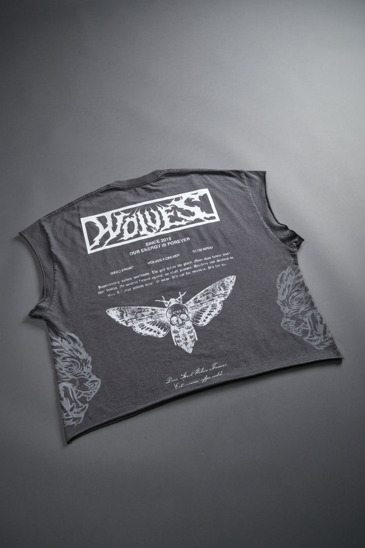 Death's-Head Grunge Cut-Off Mid Length Raw Hem Tee in Slate Gray