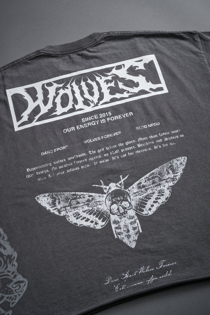 Death's-Head Grunge Cut-Off Mid Length Raw Hem Tee in Slate Gray